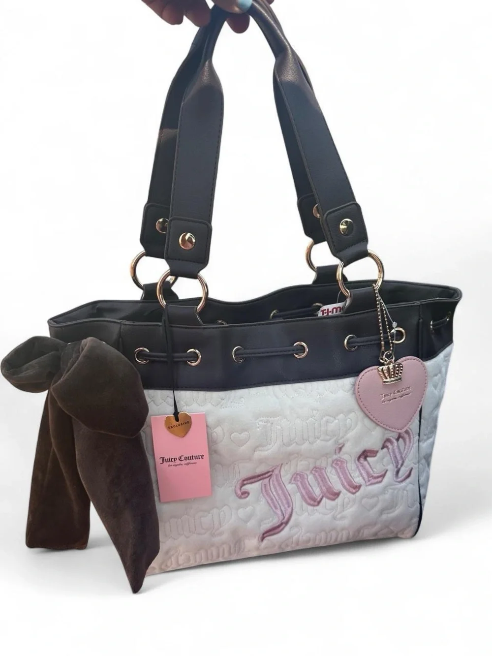 Juicy Couture “Vintage Couture” Daydreamer Tote, white/brown/pink letters